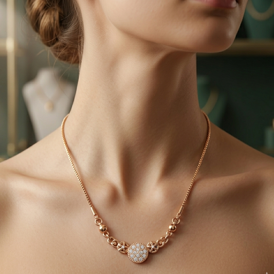 Rose Gold-Tone Circular Pendant Necklace | White Stone Cluster & Filigree Jewelry