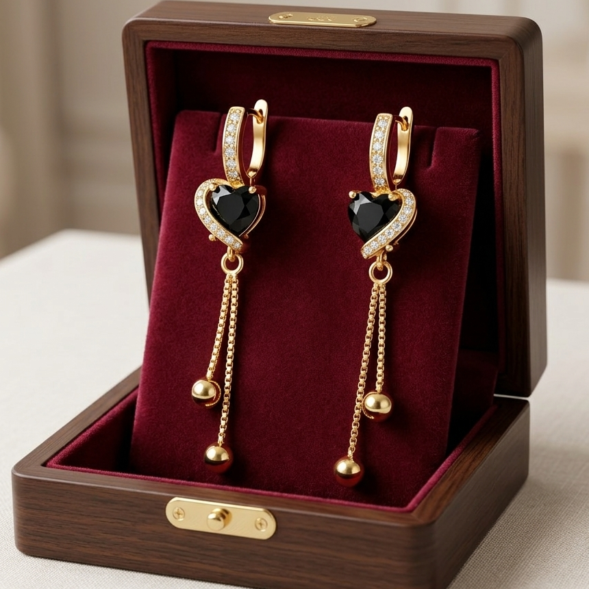 Elegant 18K Gold Plated Heart Crystal Drop Earrings with Long Tassels – Available in 4 Stunning Colors