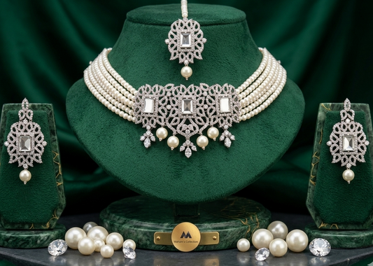 Stunning Pearl & Kundan-Style Choker Set - Available in Royal Blue & Crystal