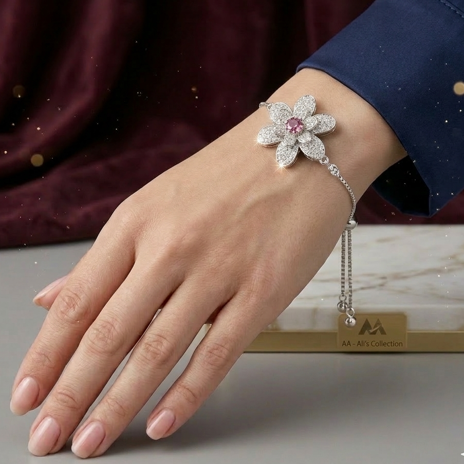 Sparkling Pink Center Flower Bolo Bracelet - Adjustable Silver Tone, Free Size