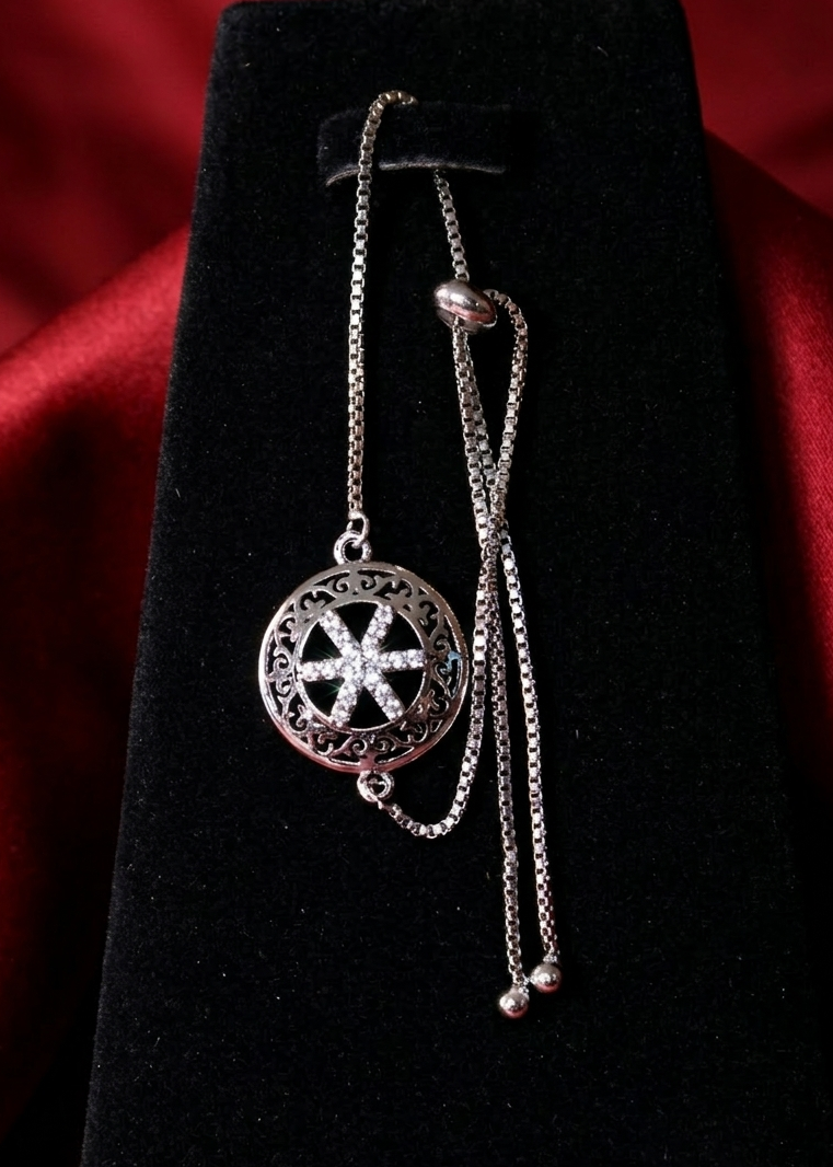 Silver Mandala Filigree Slider Bracelet - Adjustable Chain with Crystal Accents