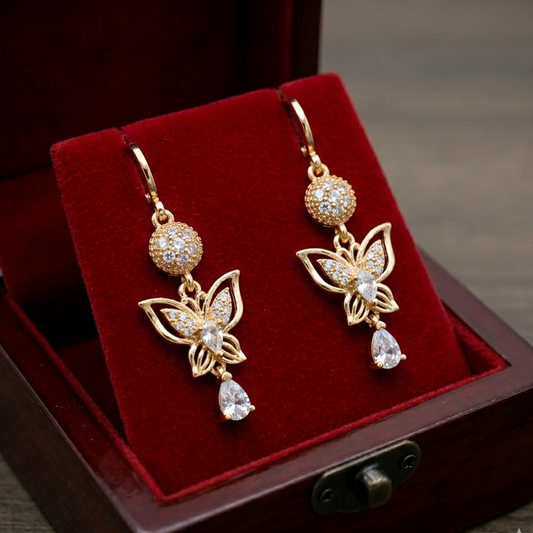 Elegant Butterfly Gold-Plated Drop Earrings with Zirconia Crystal Accents