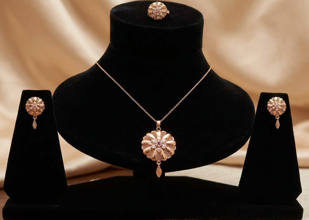Dazzling Gold-Tone Stone-Studded 3-Pc Floral Pendant Set