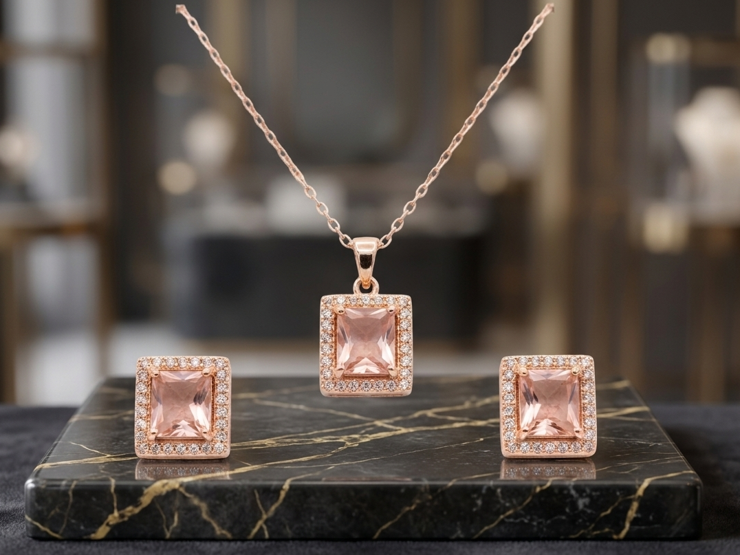 Elegant Emerald-Cut Halo Pendant & Earrings Jewelry Set - 18K Gold Plated (Available in 2 Colors)