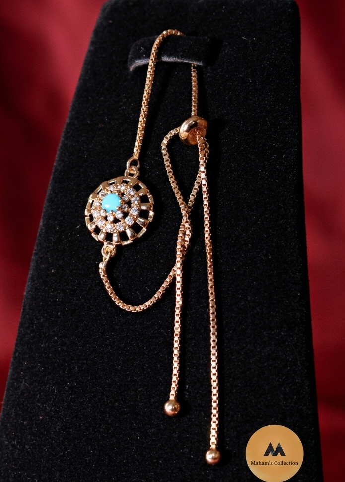 Dainty Adjustable Circle Charm Bolo Bracelet - Red or Blue Stone, Gold Tone