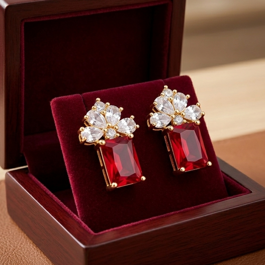 Elegant Emerald-Cut Floral Stud Earrings | Multi-Color Crystal Drops