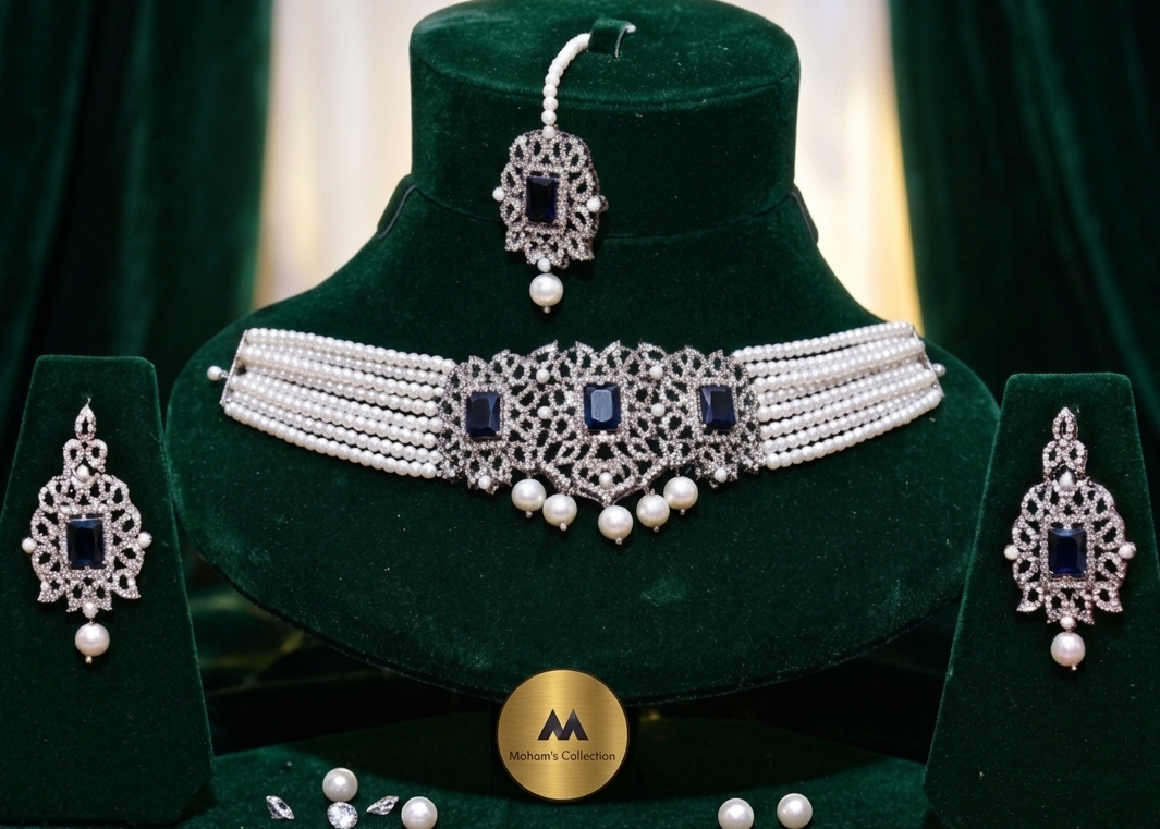 Stunning Pearl & Kundan-Style Choker Set - Available in Royal Blue & Crystal
