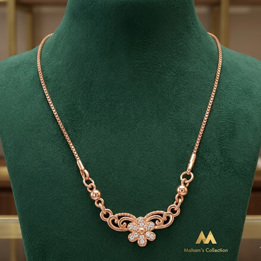 Rose Gold Toned CZ Stone Filigree Flower Connector Necklace