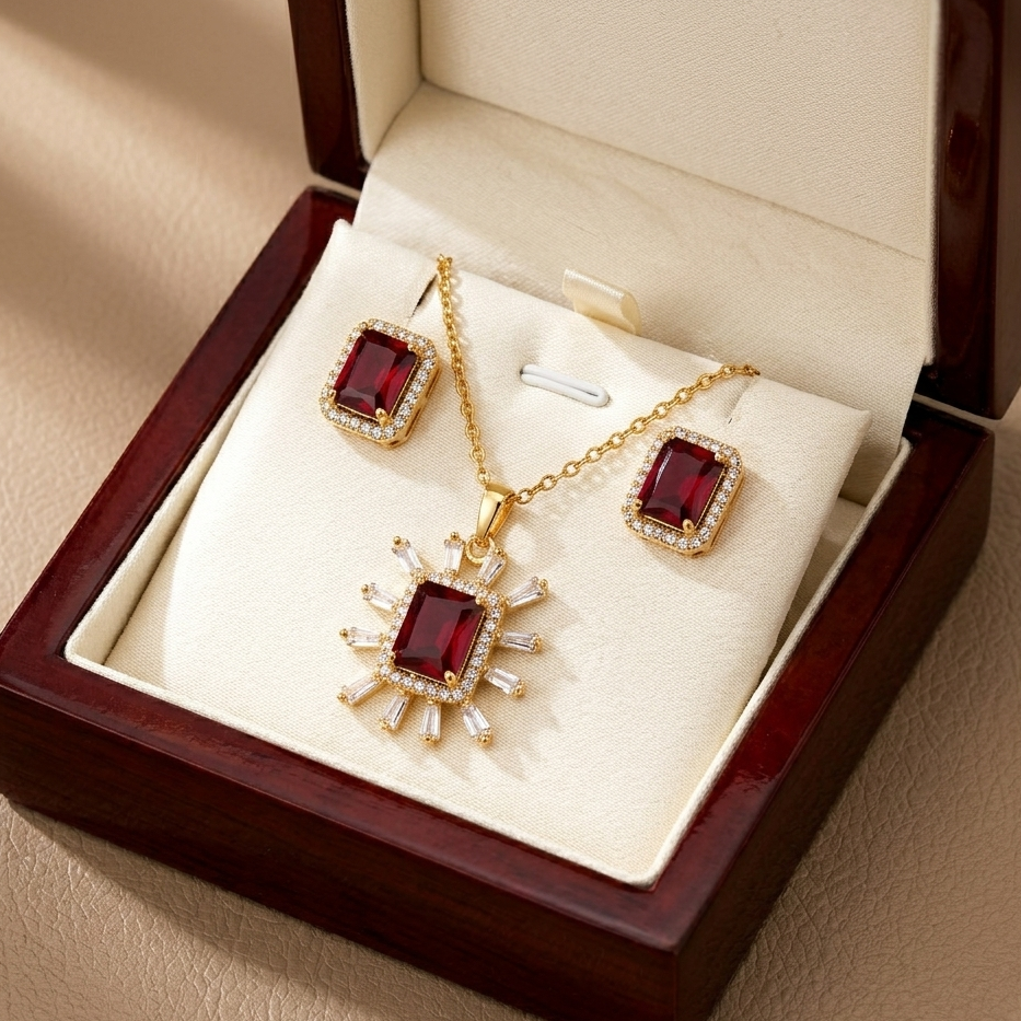 Regal Sunburst Baguette Pendant & Earrings Set – 18K Gold Plated Luxury Jewelry (Available in 3 Colors)