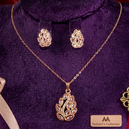Dazzling Gold-Tone Leaf Pendant Set with Clear CZ Stones