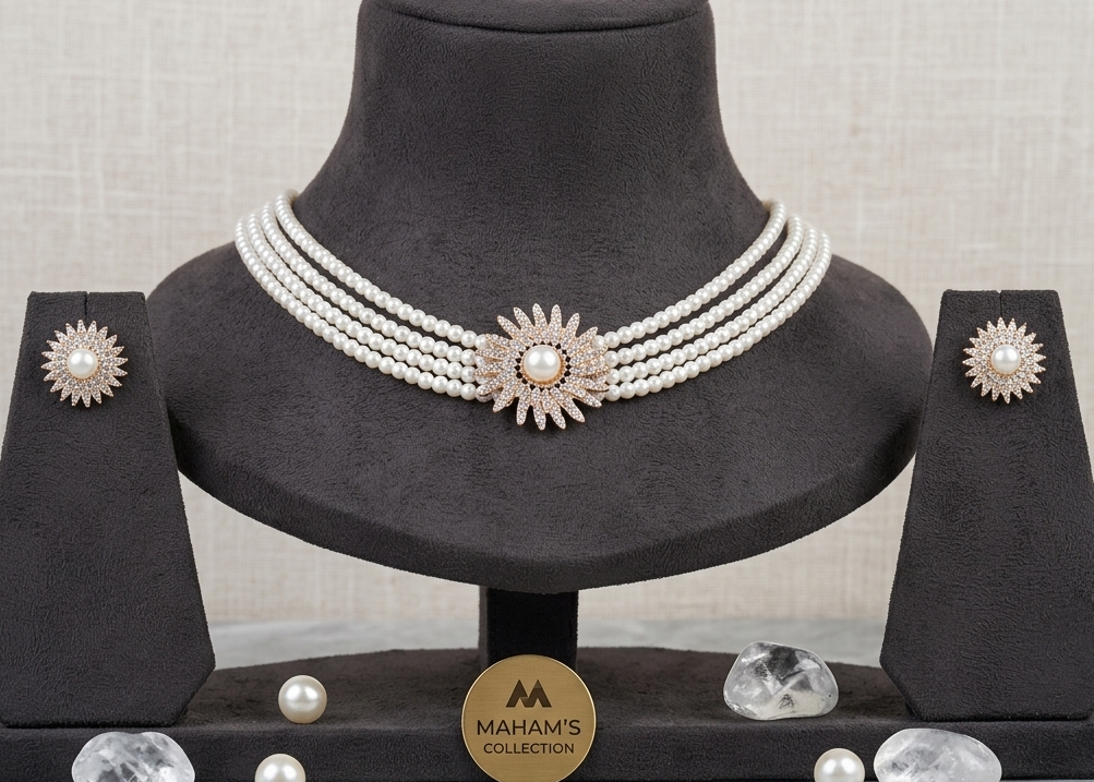 Three-Layered Pearl Beaded Choker Set with Starburst Pendant | 4 Colors