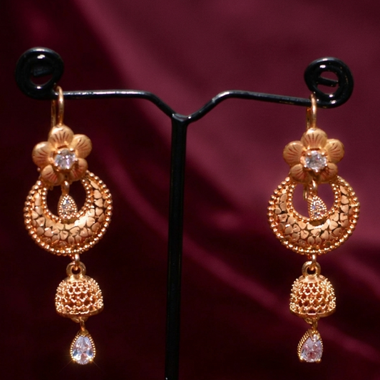 Floral Crescent Jhumka Earrings with Sparkling White Zircon