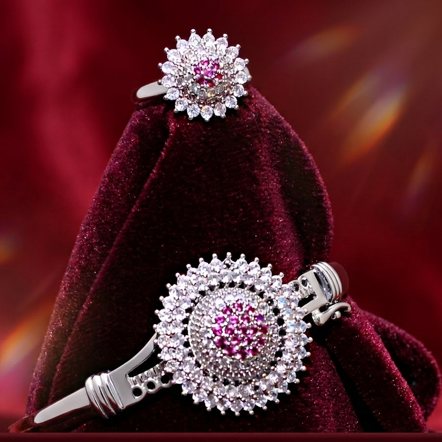Silver Sunburst Flower Bracelet and Ring Set for Women - Ruby Pink & Onyx Black Stone Jewelry - Maham's Collection