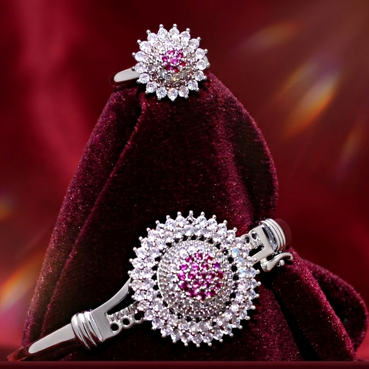 Silver Sunburst Flower Bracelet and Ring Set for Women - Ruby Pink & Onyx Black Stone Jewelry - Maham's Collection