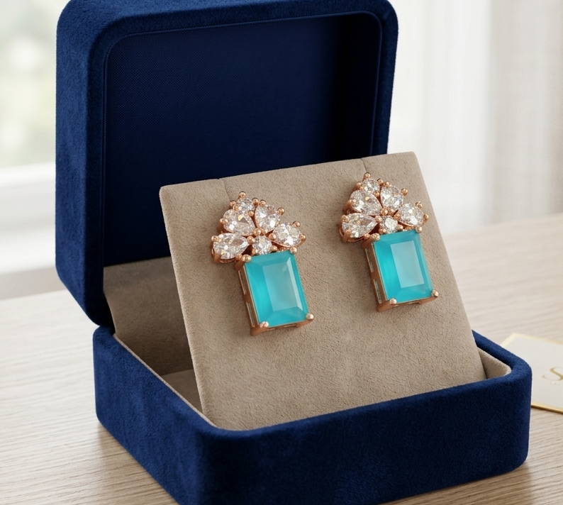 Elegant Emerald-Cut Floral Stud Earrings | Multi-Color Crystal Drops