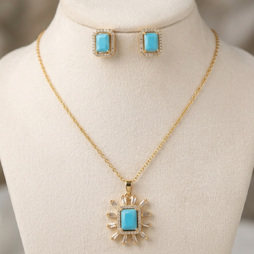 Regal Sunburst Baguette Pendant & Earrings Set – 18K Gold Plated Luxury Jewelry (Available in 3 Colors)