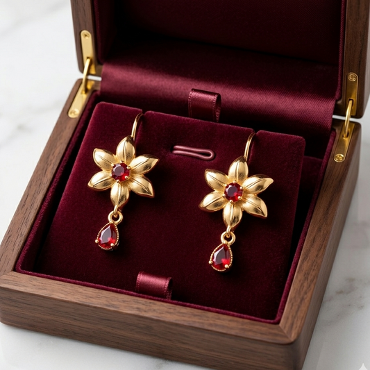 Bloom Floral Drop Earrings with Teardrop Crystal – Gold Plated Elegant Dangle Earrings