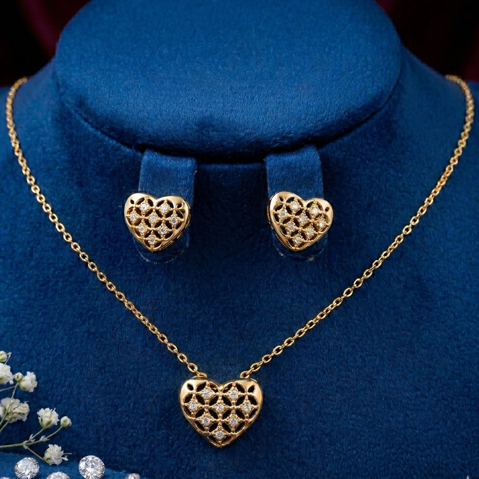 Filigree Heart Pendant & Earrings Set – Diamond-Cut Stone Studded Jewelry (Available in Gold & Silver)