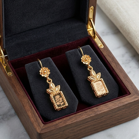 Heirloom Floral Etched Rectangular Drop Earrings – Gold Plated Botanical Dangle Earrings