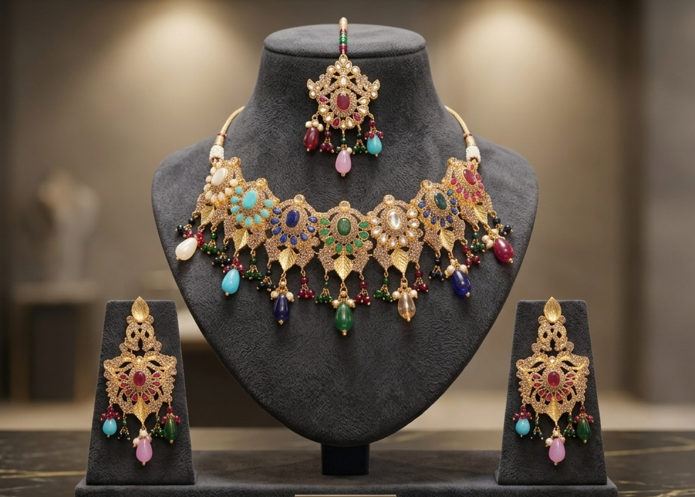 Antique Gold Kundan-Style Choker Set with Danglers - Available in Amber & Multi-Color