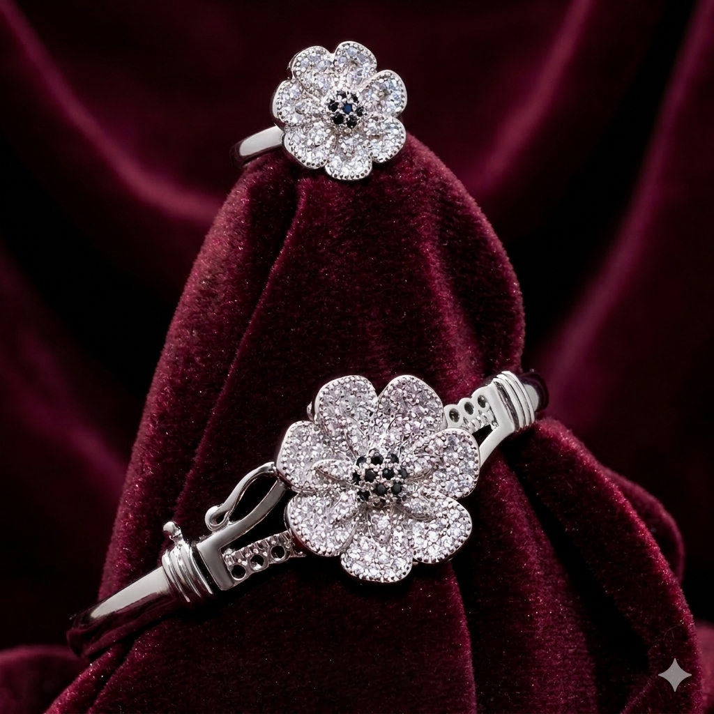 Silver Floral Crystal Bracelet and Ring Set for Women - Pink, Black & White Stones - Maham's Collection