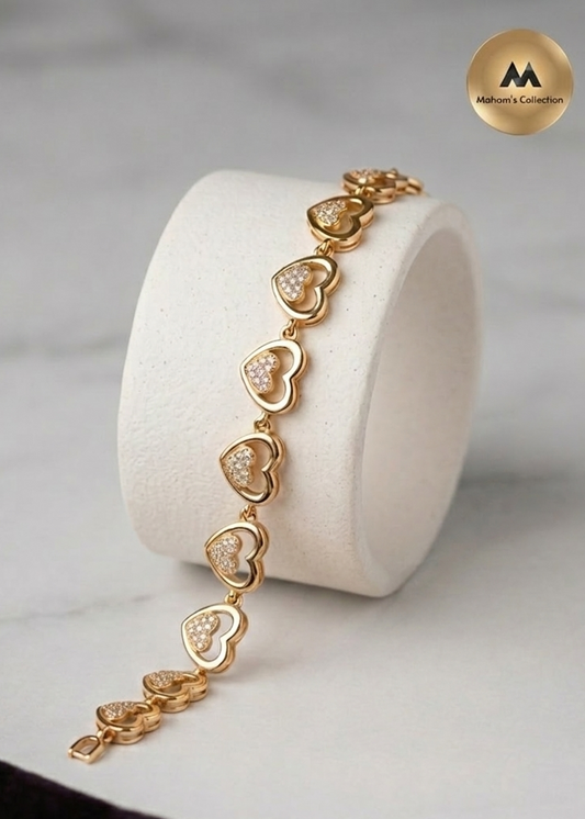 Elegant 18K Gold Plated Heart-to-Heart Zirconia Bracelet – Adjustable Free Size