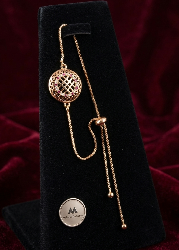 Rose Gold Filigree Round Charm Bracelet - Adjustable Slider with Pink Stones