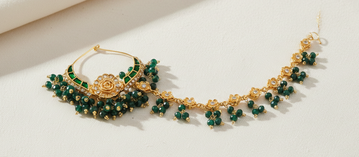 Traditional Kundan & Pearl Bridal Nath with Extended Floral Chain – Available in 6 Colors