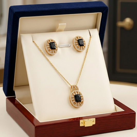 Royal Black Onyx & Gold Statement Set – Emerald Cut Pendant Necklace & Oval Stud Earrings