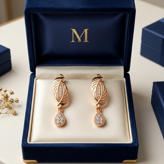Rose Gold Leaf-Motif Drop Earrings with Sparkling Teardrop Pavé Accents