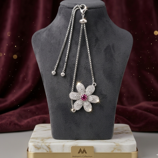 Sparkling Pink Center Flower Bolo Bracelet - Adjustable Silver Tone, Free Size