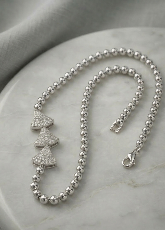 Brilliant Pave Heart Beaded Bracelet for Women - Silver Tone, Free Size