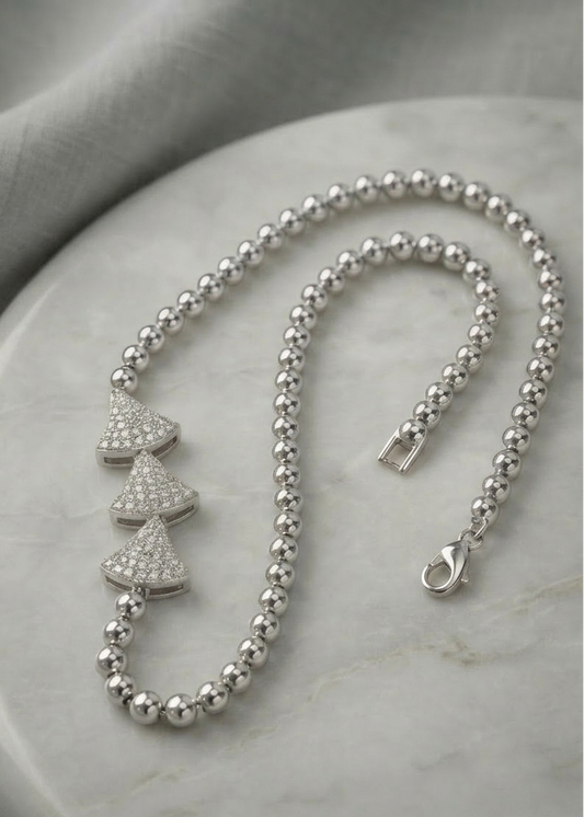 Modern Pave Triangle Charm Bracelet - Silver Tone Beaded Chain, Free Size