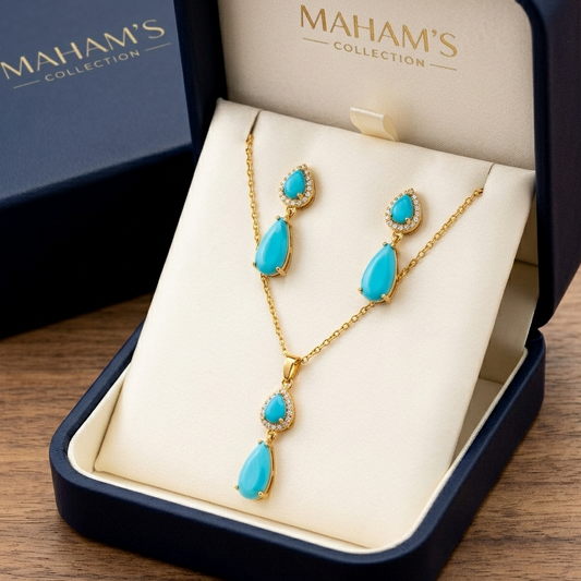 Enchanted Sweetheart Bow Jewelry Set – Crystal Heart Necklace & Matching Stud Earrings in Ruby & Turquoise