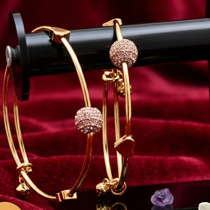 Heart Charm Adjustable Bangles with Sparkling Pave Beads & Mini Bells (Set of 2) – Gold & Silver Tone