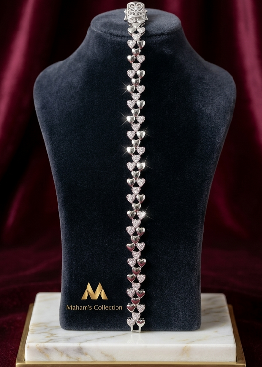 Delicate All-Around Heart Link Bracelet for Women - Sparkling Silver Tone, Free Size