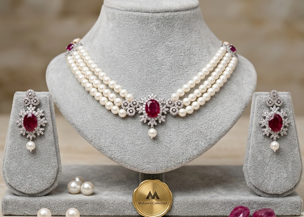 Elegant 3-Layer Pearl Choker Necklace & Earring Set - Available in 3 Gemstone Colors