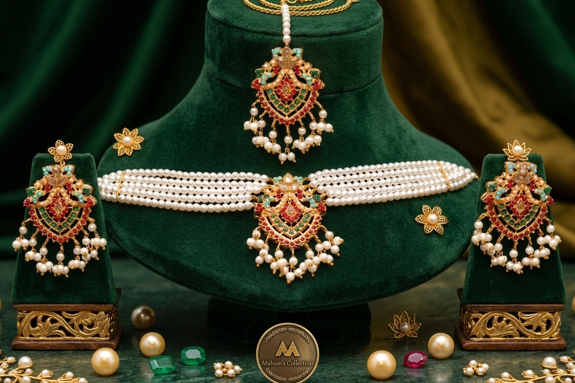Exquisite Gold-Plated Meenakari & Kundan Pearl Choker Set with Maang Tikka