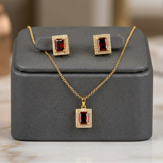 Elegant Emerald-Cut Halo Pendant & Earrings Jewelry Set - 18K Gold Plated (Available in 2 Colors)