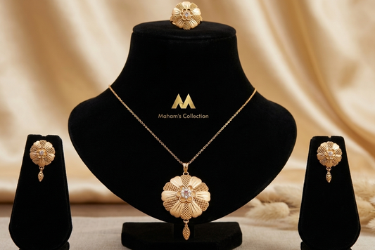 Gold-Tone Floral Pendant Set with Pink Stone Accent & Ring