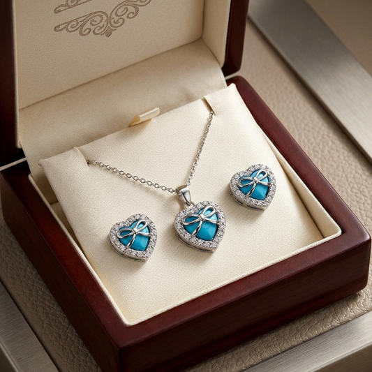 Enchanted Heart & Bow Jewelry Set – Premium 18K Gold & Silver Plated Necklace and Earrings Set