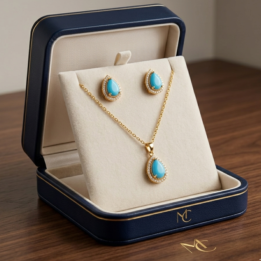 Regal Pear-Cut Teardrop Halo Jewelry Set – Premium 18K Gold Plated Necklace & Stud Earrings