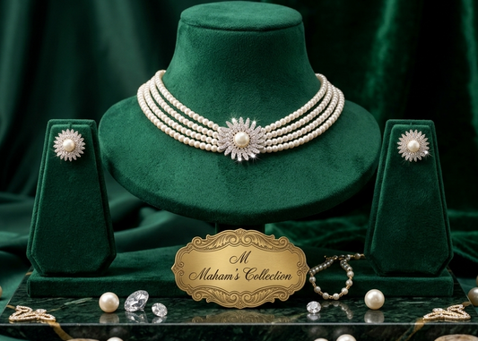 Three-Layered Pearl Beaded Choker Set with Starburst Pendant | 4 Colors