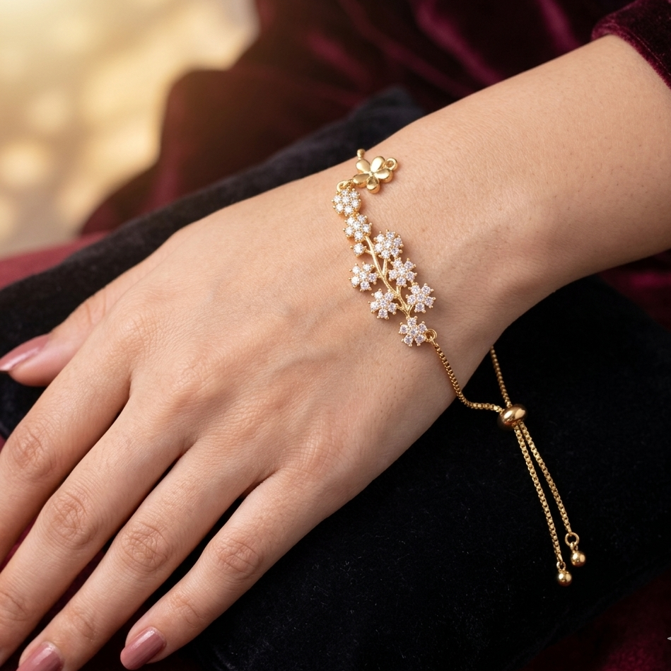 Sparkling Floral Vine Bolo Bracelet - Adjustable Gold Tone Slider, Free Size