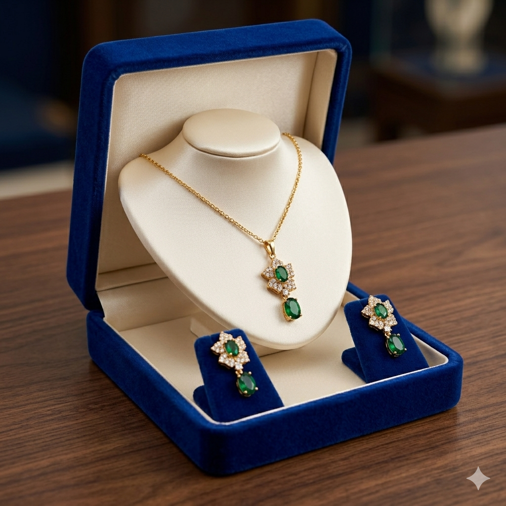 Regal Floral Halo Jewelry Set – Emerald, Ruby, and Turquoise Flower Pendant & Drop Earring Set