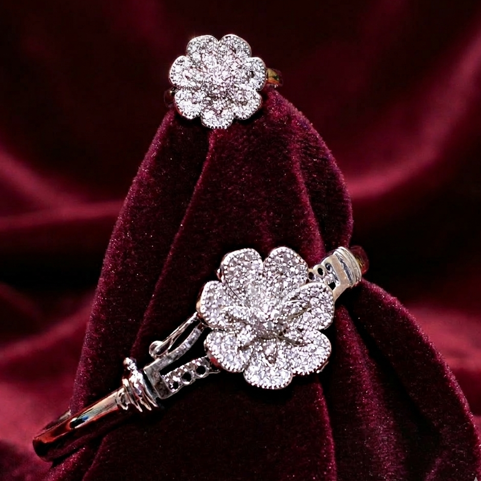 Silver Floral Crystal Bracelet and Ring Set for Women - Pink, Black & White Stones - Maham's Collection