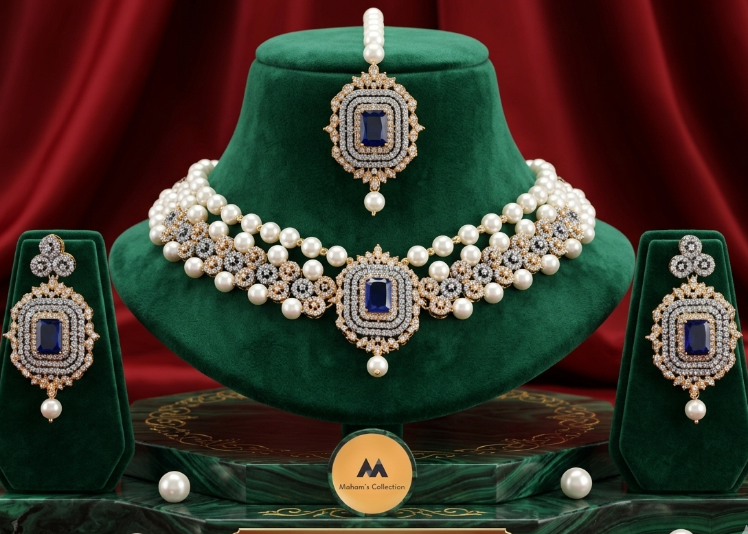 Square Stone & AD Necklace Set - Gold Plated Pearl Collar - Ruby Red & Sapphire Blue