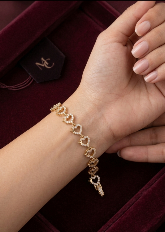 Dazzling Pave Heart Chain Bracelet for Women - Gold Tone, Free Size