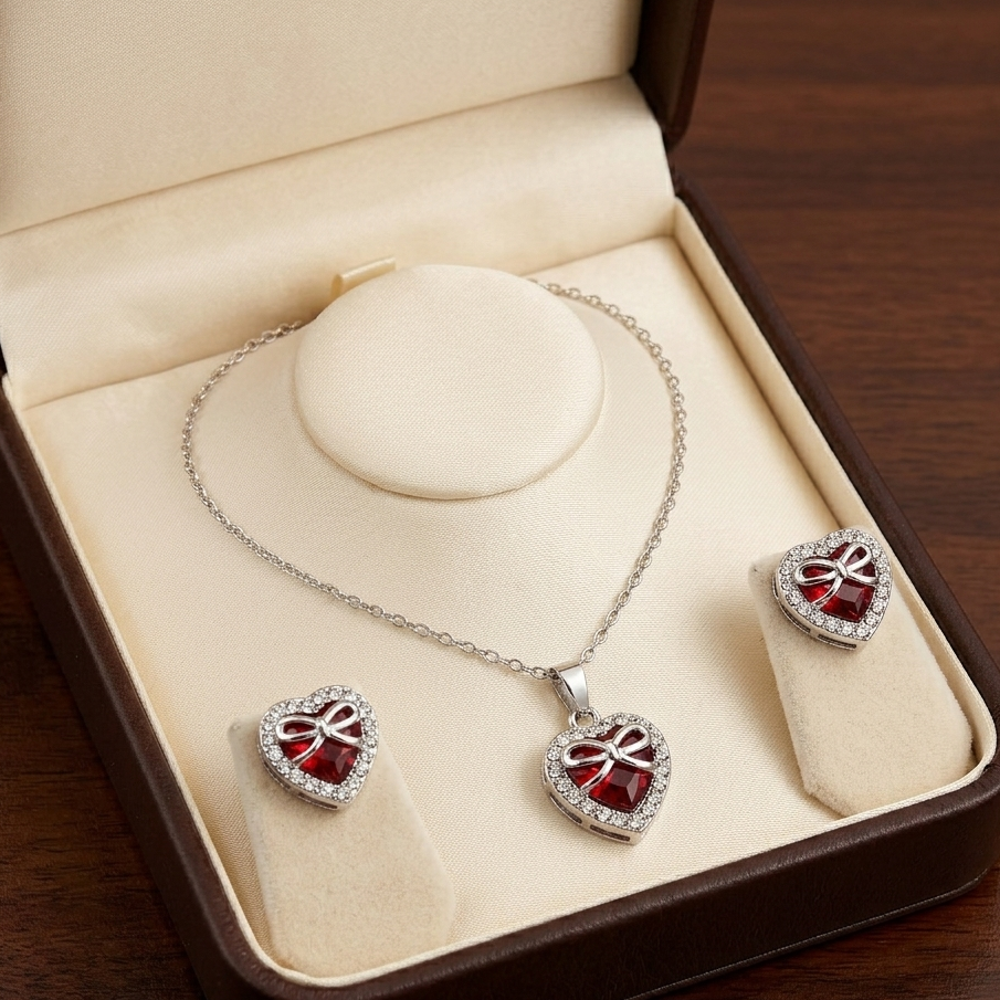 Enchanted Heart & Bow Jewelry Set – Premium 18K Gold & Silver Plated Necklace and Earrings Set