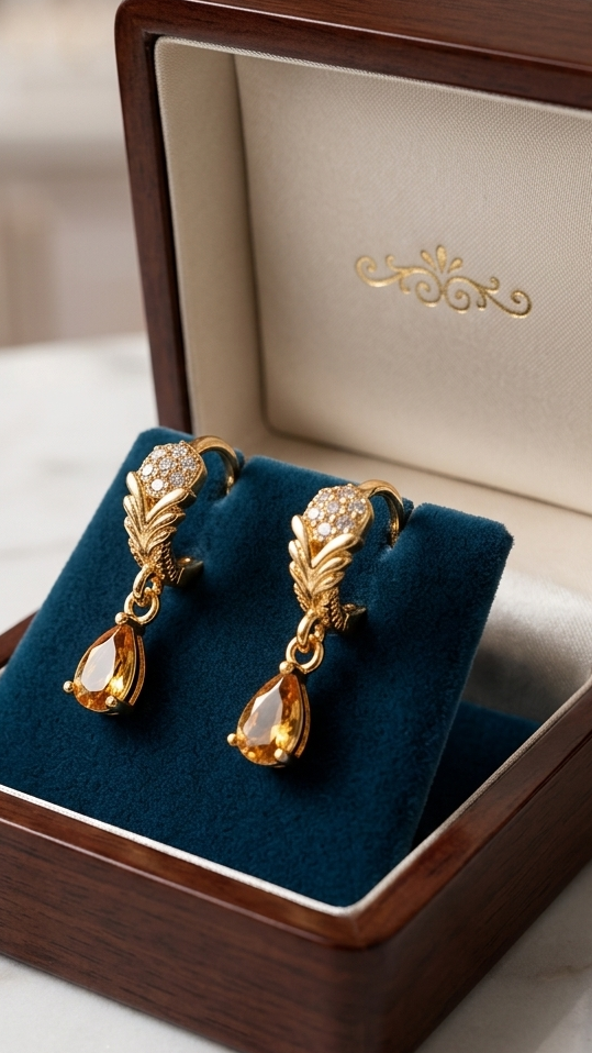 Royal Teardrop Crystal Earrings | Intricate Gold-Finish Dangle Studs